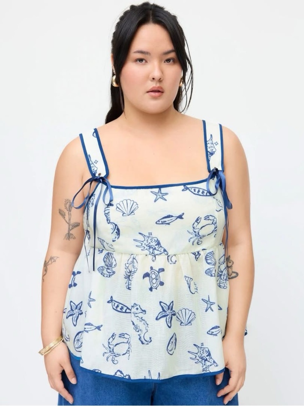 Cider SQUARE NECK CONTRASTING BINDING GRAPHIC KNOTTED RUFFLE HEM CAMI TOP 2XL